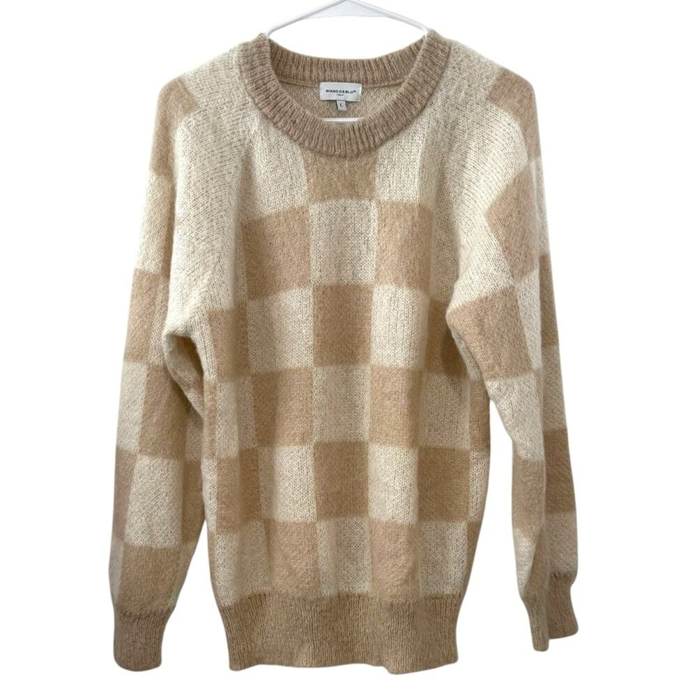 Bianco & Blu Italy Large Tan Cream Checkered Mohair Wool Blend Sweater Pullover